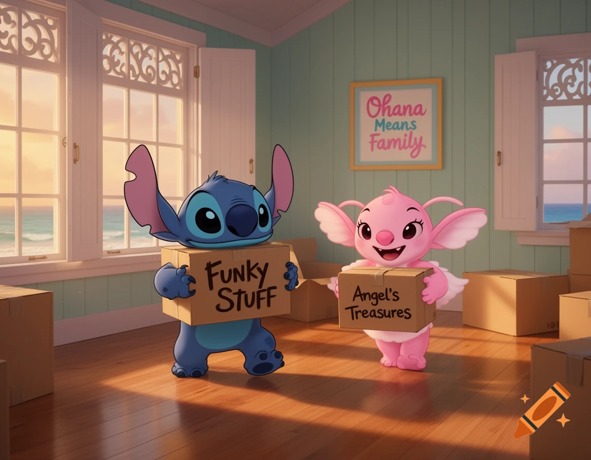 Stitch and Angel, a pink alien, carrying moving boxes in a brightly lit room with large windows overlooking a beach.