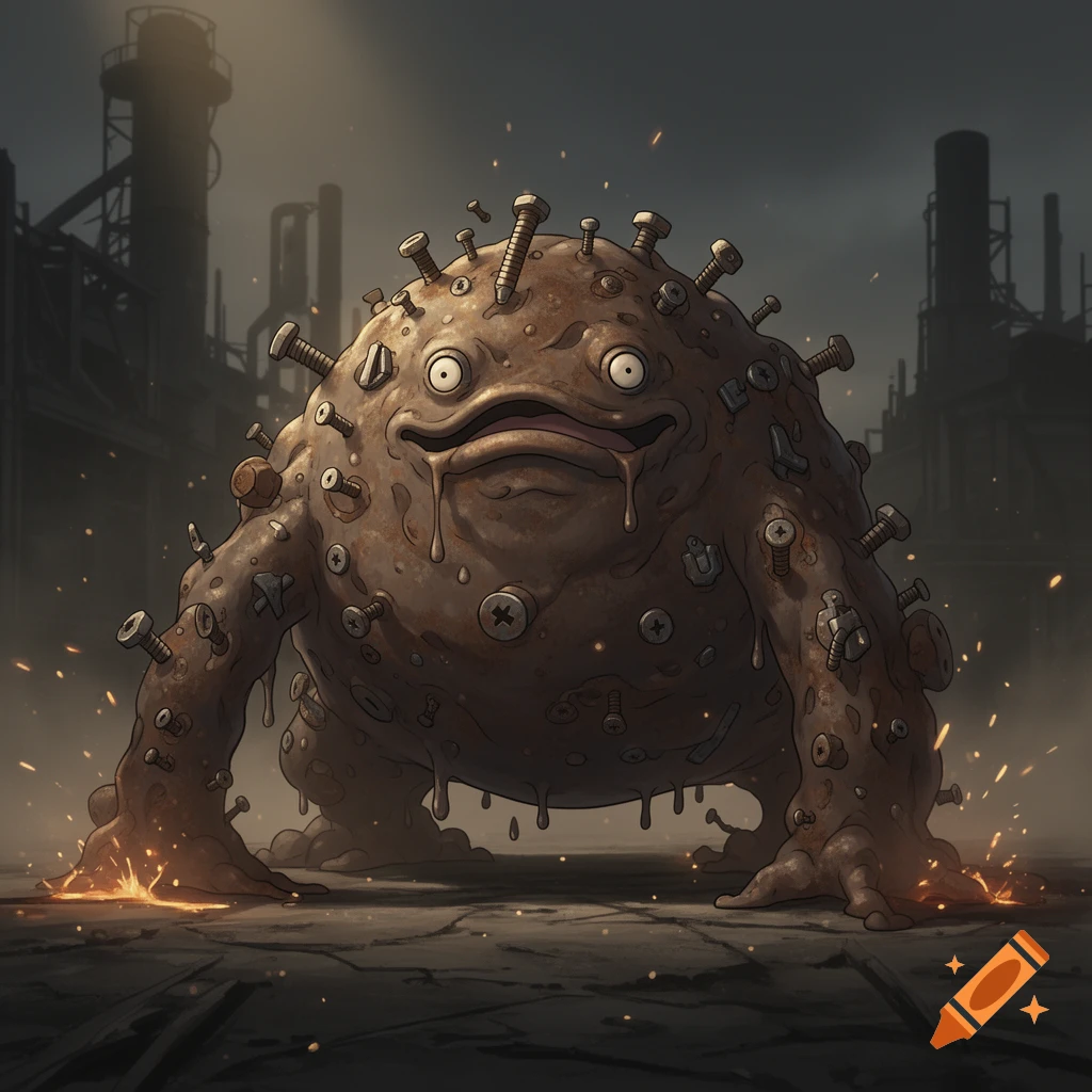 Cartoonish brown sludge monster with metal screws and scraps, drooling, in a gritty industrial setting with sparks.