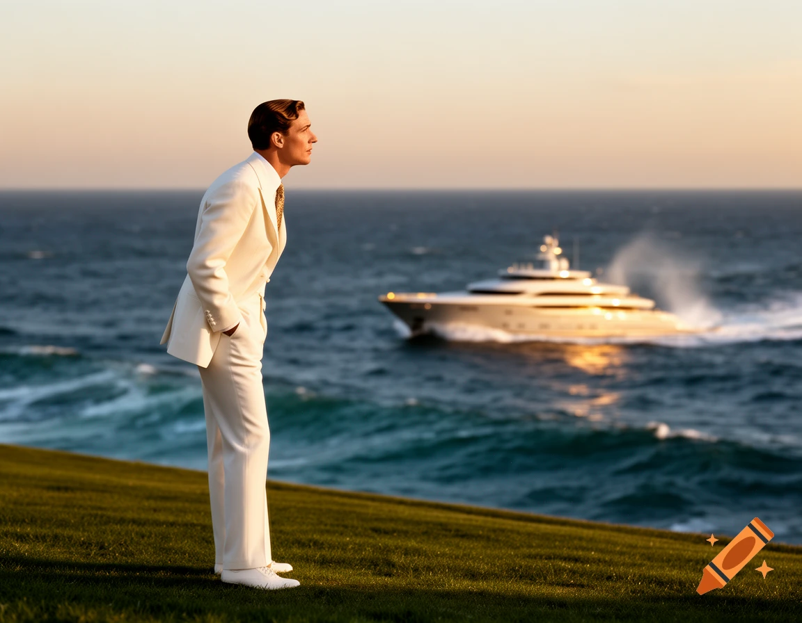 A man in a white suit stands on a grassy hill, looking out at a luxurious yacht speeding across the ocean at sunset.