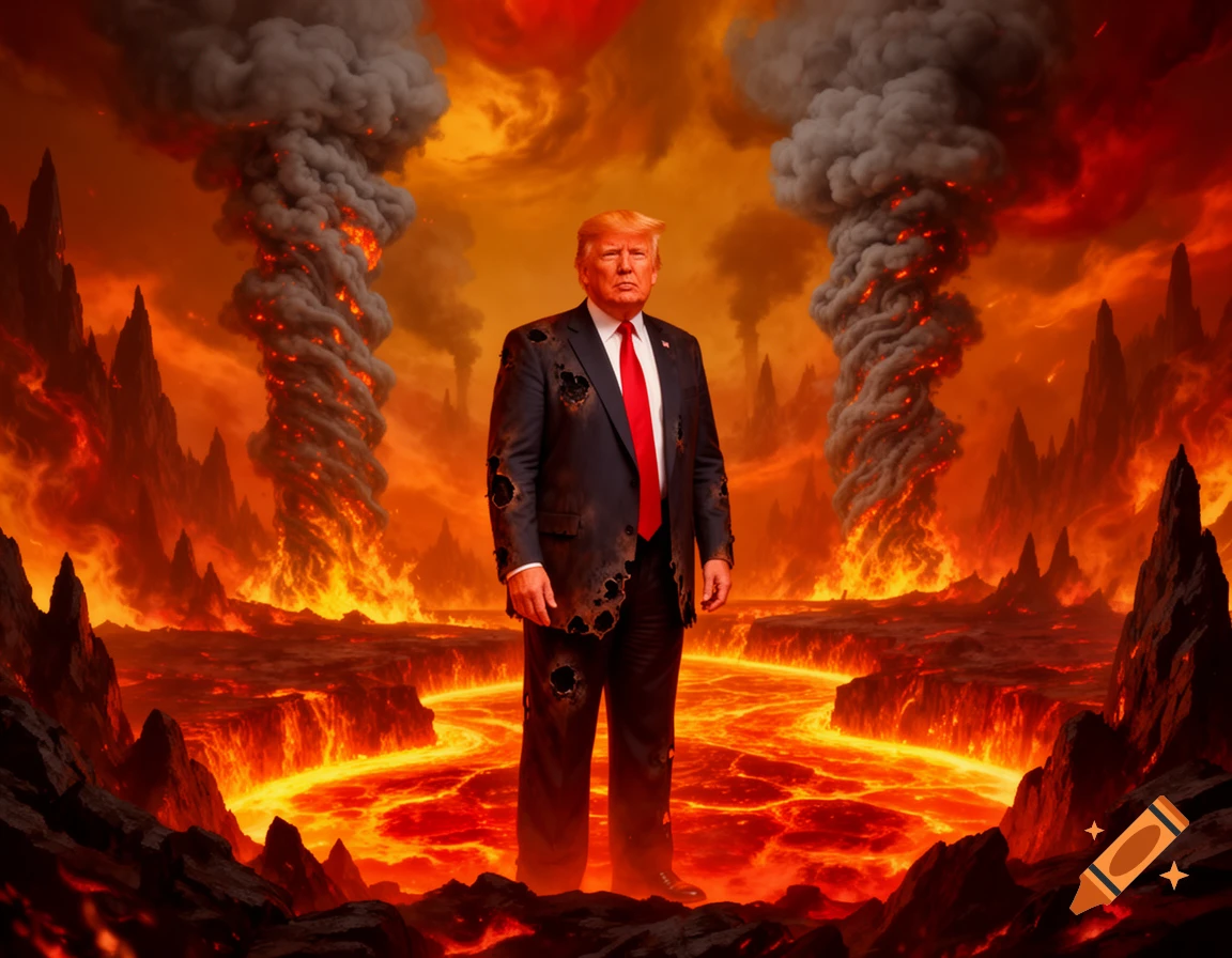 Donald Trump stands in a fiery hellscape with lava rivers and towering smoke plumes, his suit tattered.