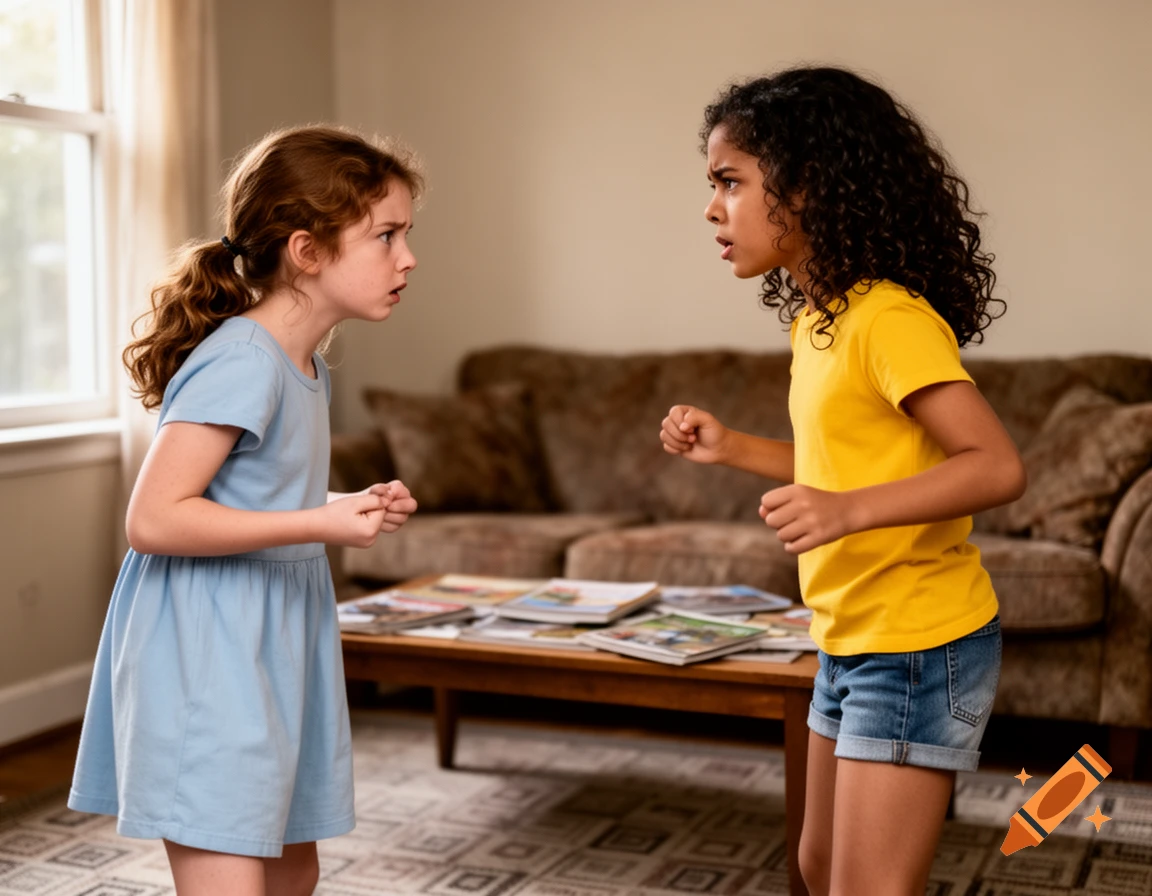 Two young girls stand facing each other with angry expressions, fists clenched, in a living room.