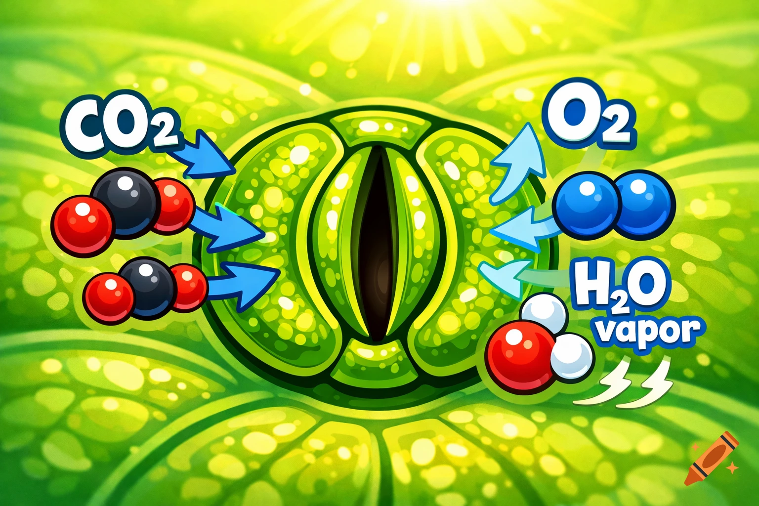 Cartoon illustration of a plant stomata showing CO2 entering, and O2 and H2O vapor exiting, against a green leaf background.