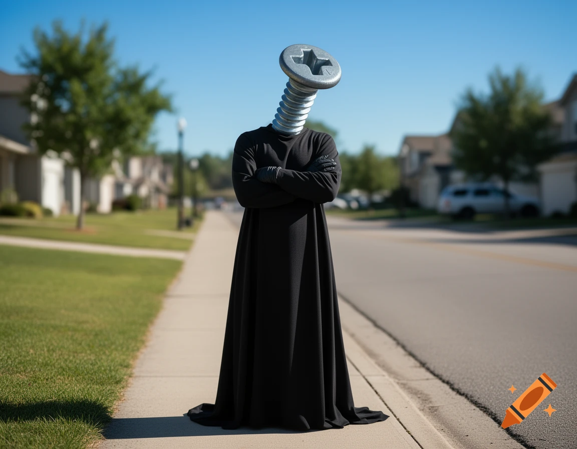 A photorealistic image of a person in a long black robe with a large silver screw for a head, standing on a sunny suburban sidewalk.