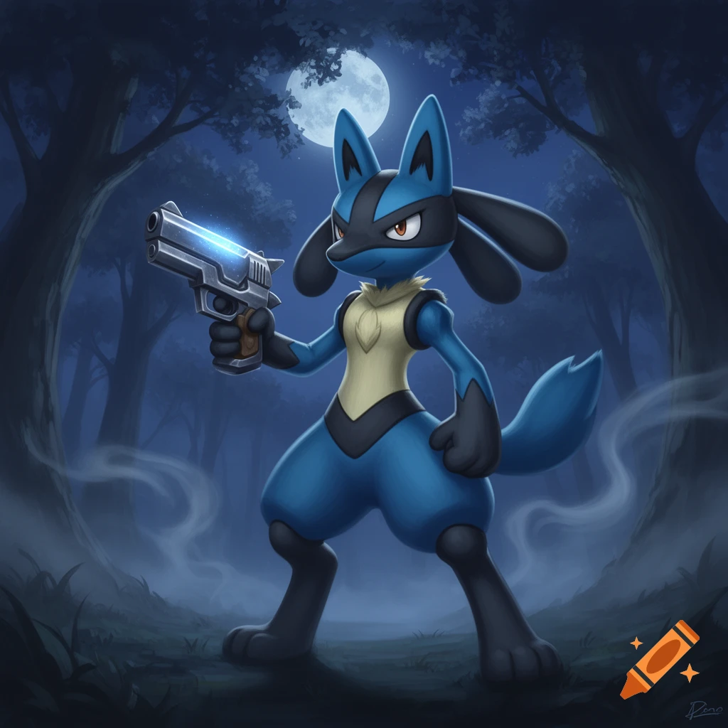 A blue Lucario stands in a dark forest at night under a full moon, holding a glowing pistol.