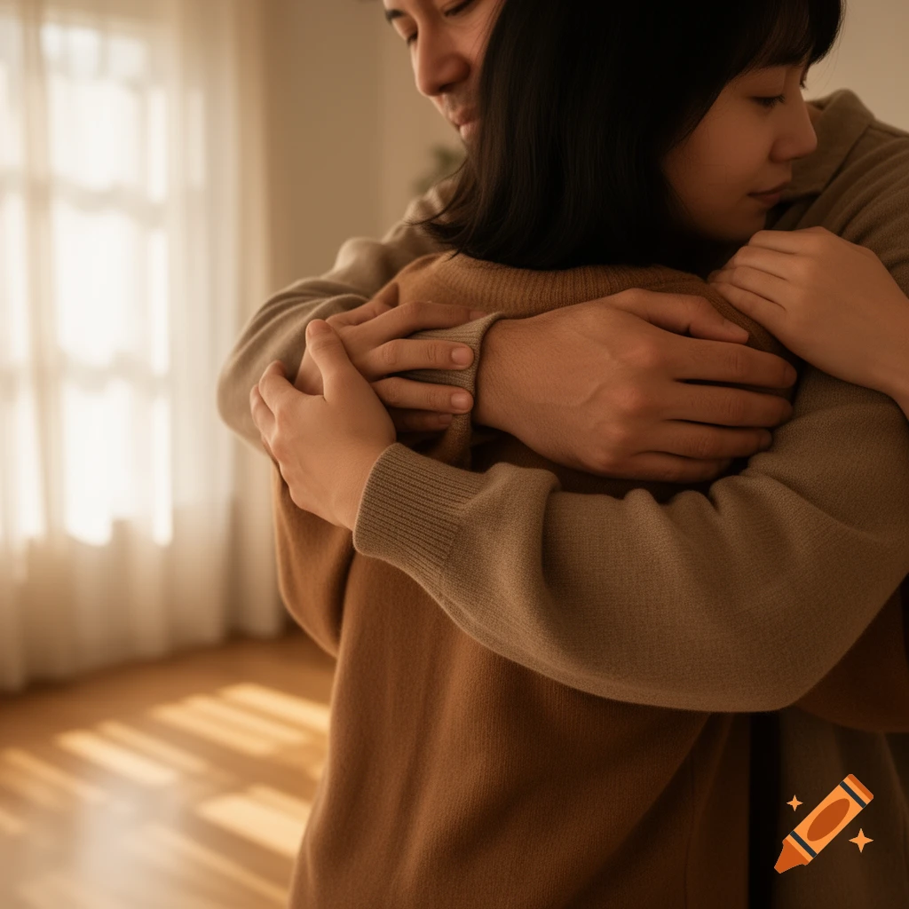 A man and a woman in a close embrace, shot in soft, warm lighting indoors.