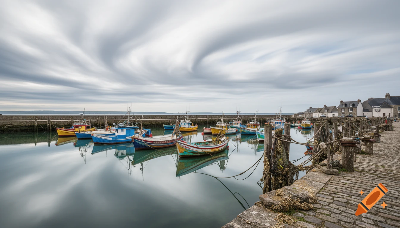 Long-exposure photograph of colorful fishing boats docked in a calm Breton harbor under a swirling cloudy sky.