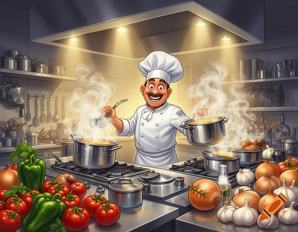 A cheerful cartoon chef in a professional kitchen, holding a pot and ladle over steaming cookware amidst fresh ingredients.