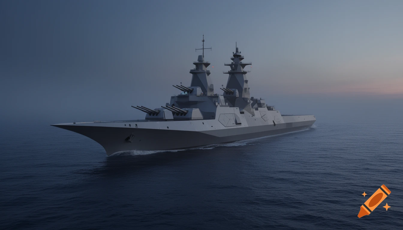 A sleek, grey stealth battleship sails on dark blue waters under a cloudy sky, with a hint of sunset on the horizon.