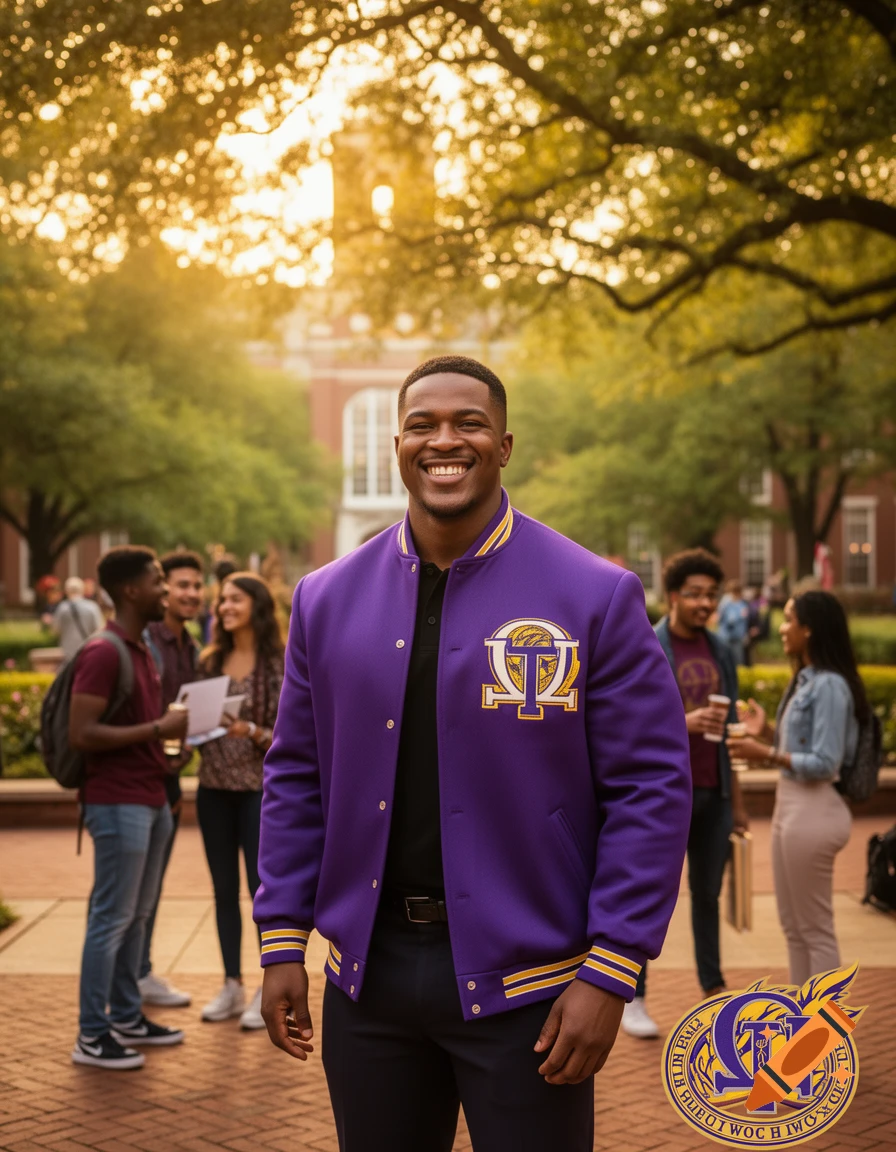 A smiling Black man in a purple letterman jacket with a gold fraternity crest stands on a college campus with other students in the background.