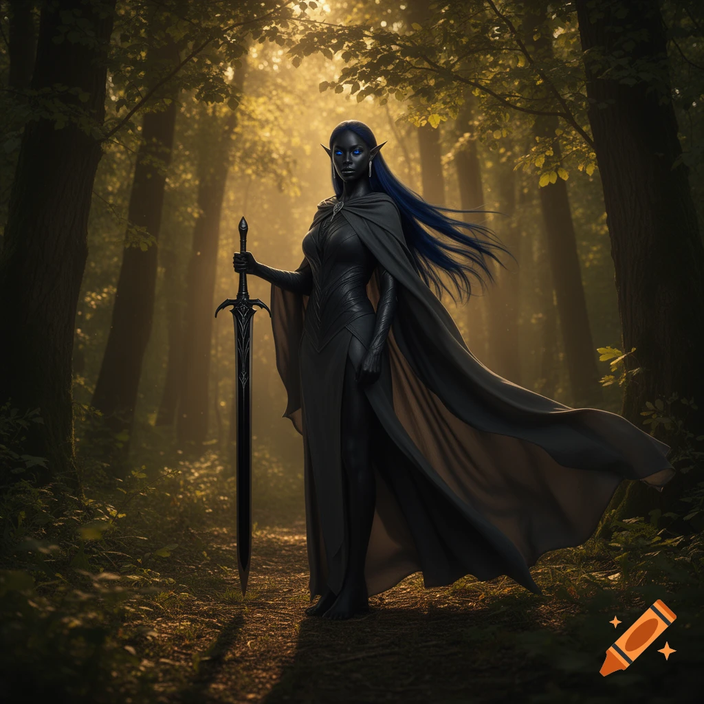 A black-skinned elf with blue eyes stands in a sunlit forest, holding a black sword.