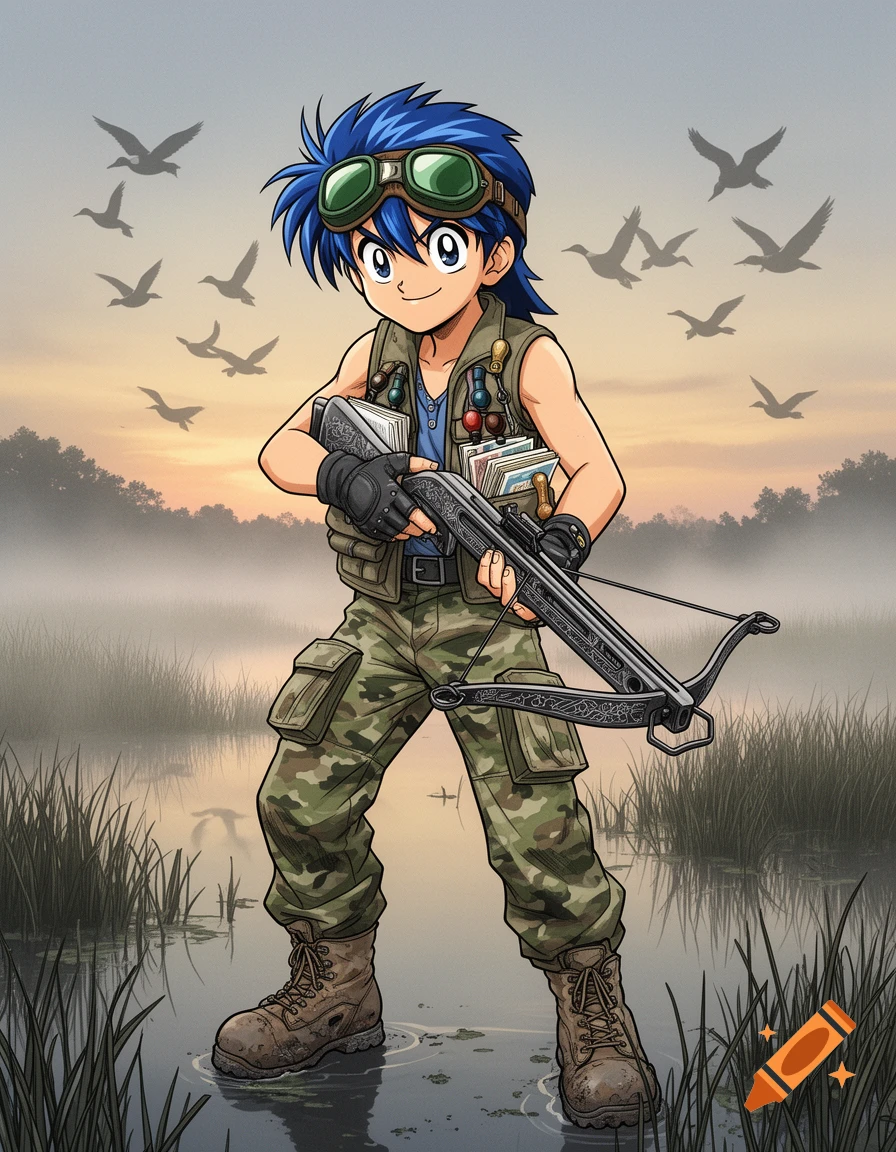 Anime boy in camouflage holding a crossbow, standing in a swamp with ducks flying overhead at sunset.