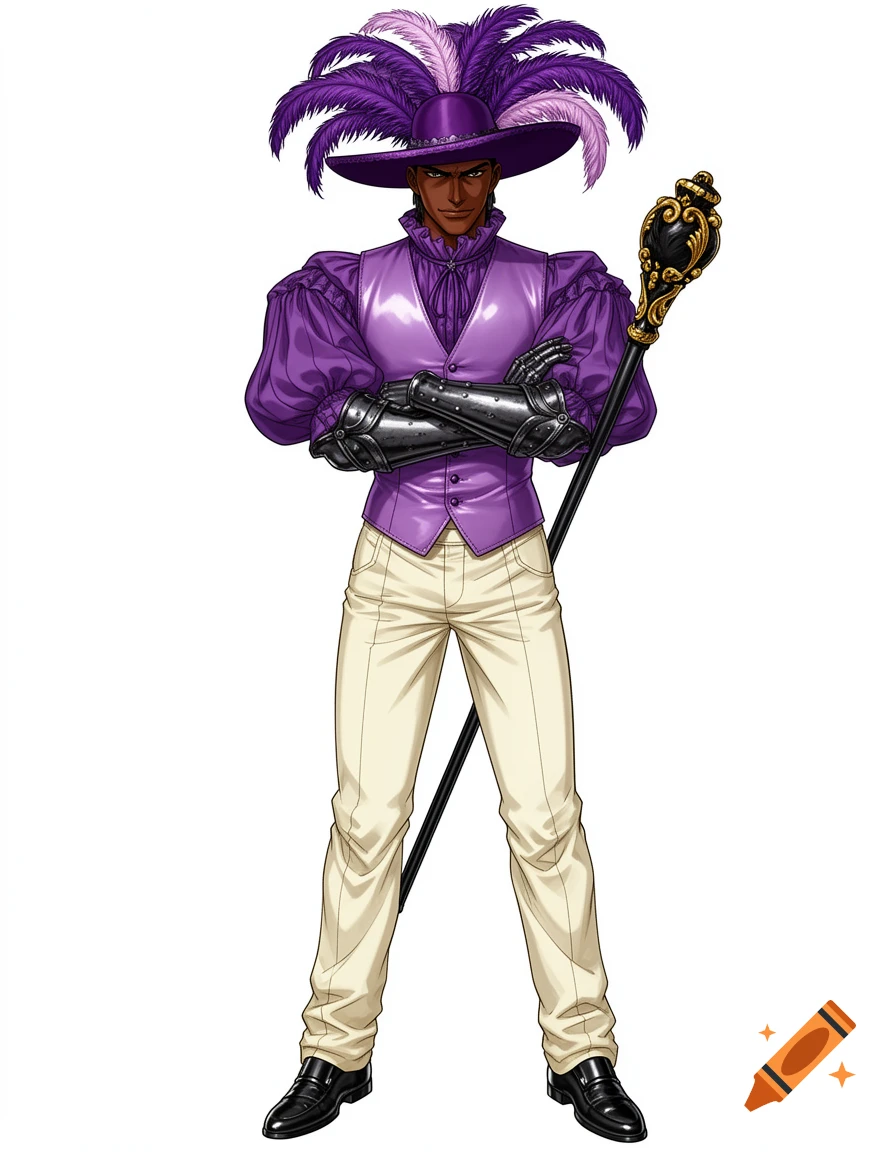 A dark-skinned anime man in a purple feathered hat, puffy shirt, lilac vest, cream pants, gauntlet gloves, and black shoes, holding a decorative staff against a white background.
