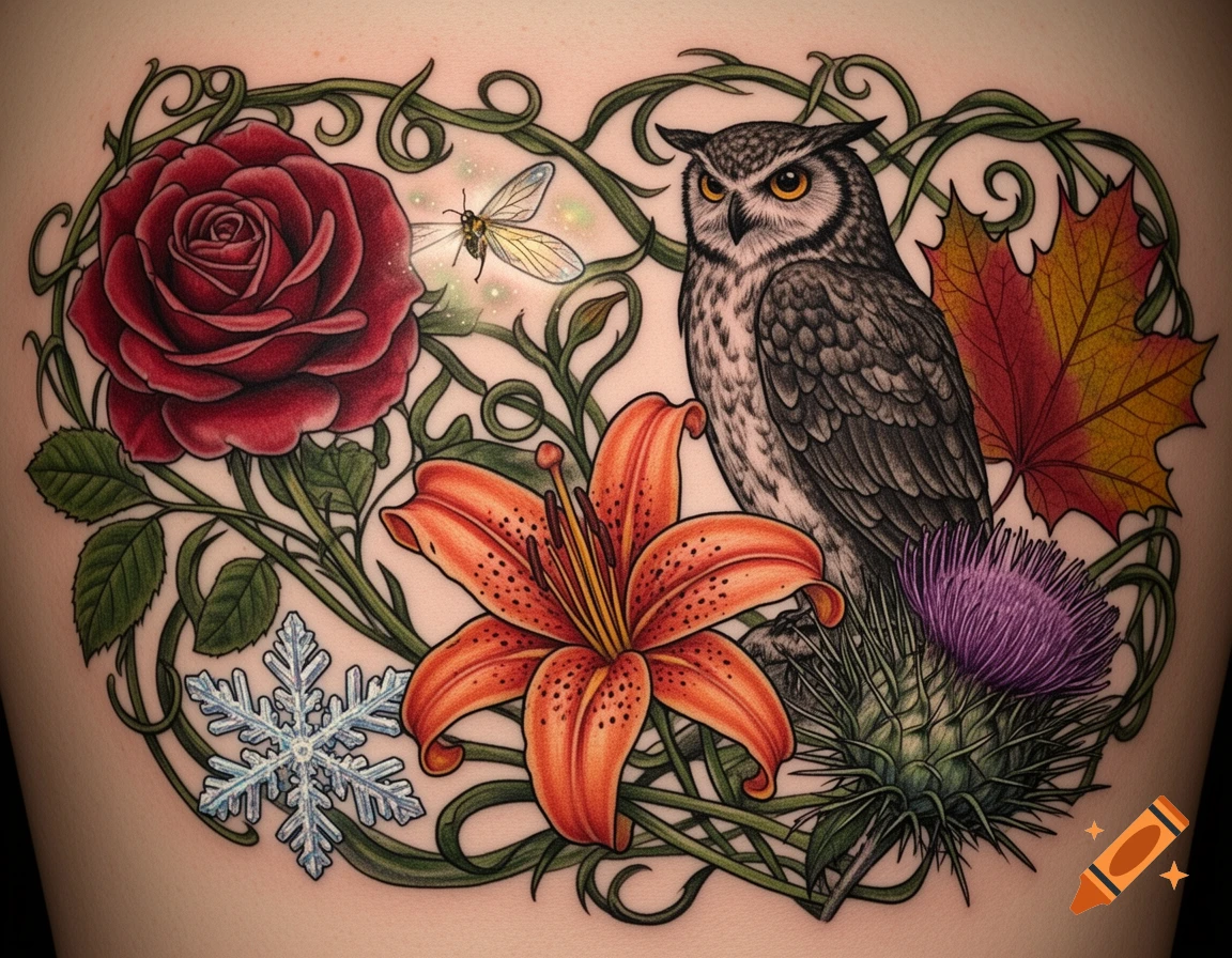A colorful tattoo featuring an owl, a red rose, an orange tiger lily, a purple thistle, a maple leaf, a snowflake, and a glowing firefly amidst green vines.