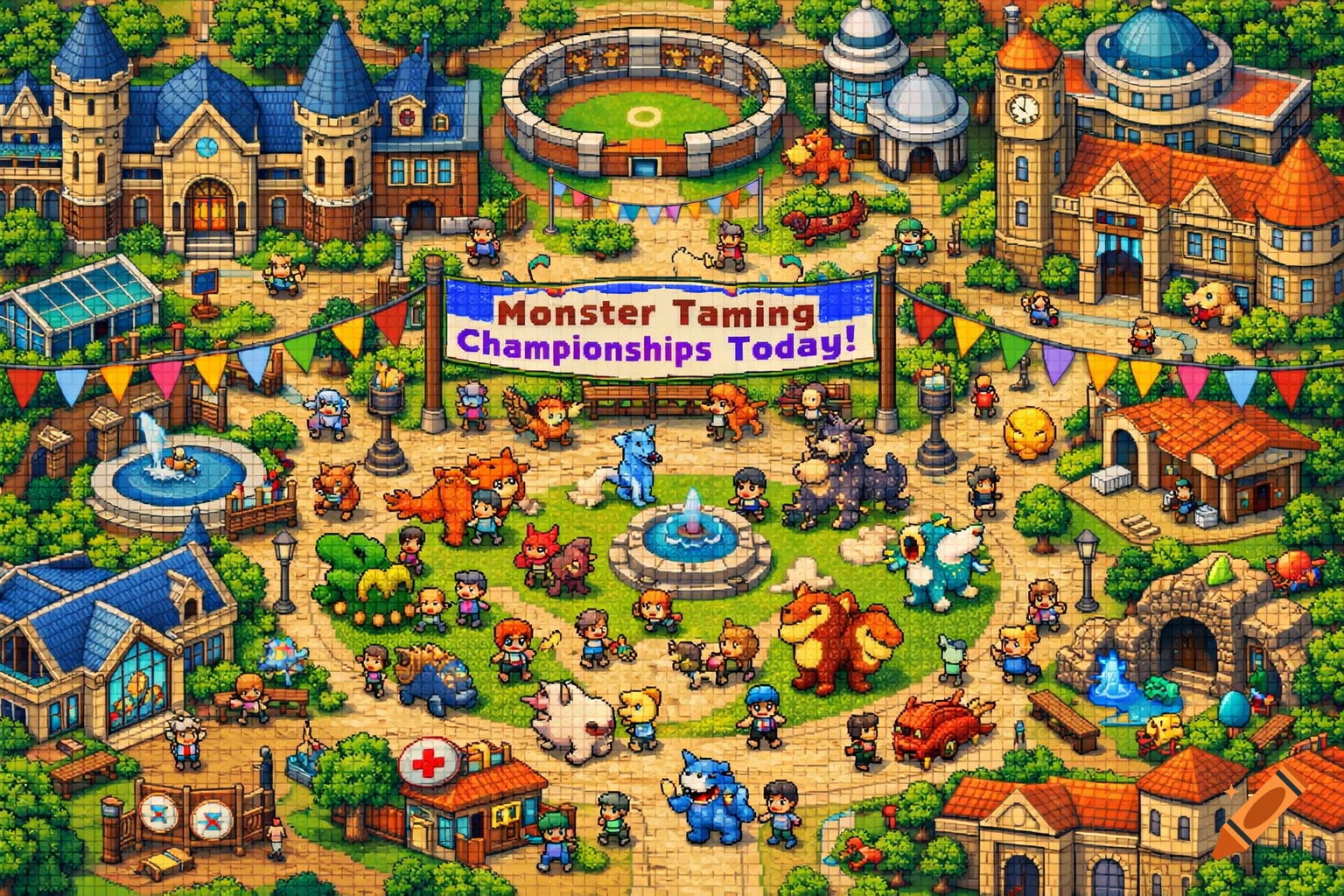 Vibrant pixel art overhead map of a 'Monster Taming Championships' at a university campus, with trainers and diverse monsters.
