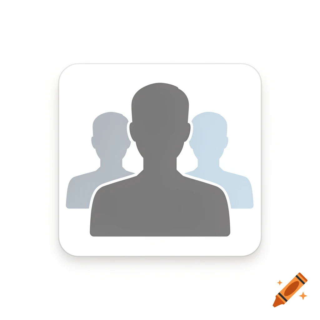 A modern icon featuring the silhouettes of three people, one prominent in front in dark grey, and two lighter, muted figures behind it in grey and light blue.