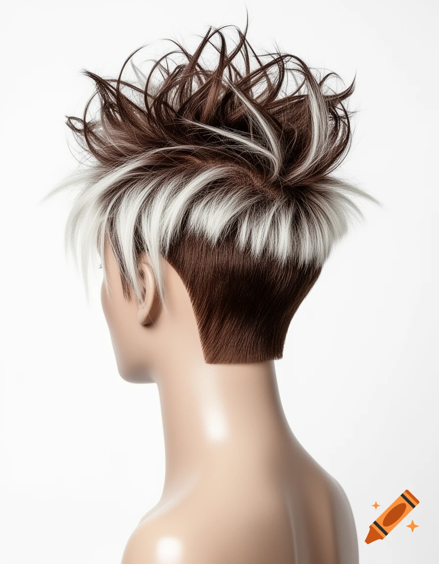 Rear view of a mannequin with a spiky, wild brown and white haircut, short on the sides and long on top.