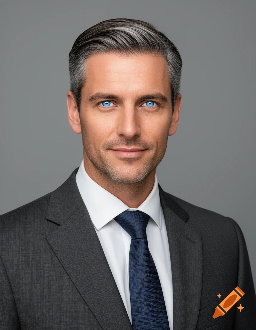 Photorealistic portrait of a man with grey hair and blue eyes, wearing a dark suit and blue tie.