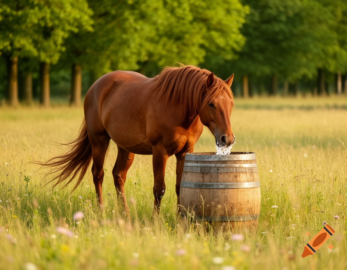 A brown horse with a long mane drinks from a wooden barrel in a sunny, grassy field with green trees in the background.