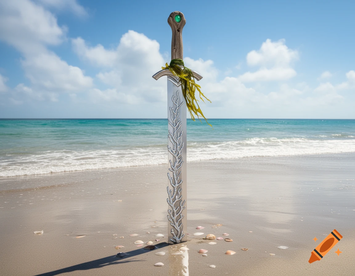 A greatsword with a wooden hilt and a green gem, wrapped in seaweed, stands in wet sand on a sunny beach with the ocean in the background.