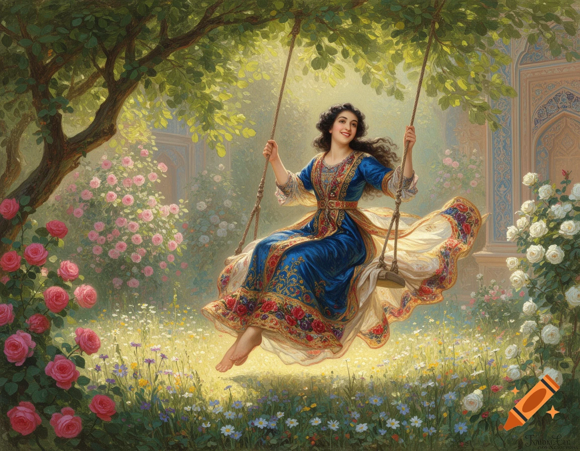 A smiling woman in a blue and gold dress swings in a lush garden with pink and white roses, in a classical painting style.