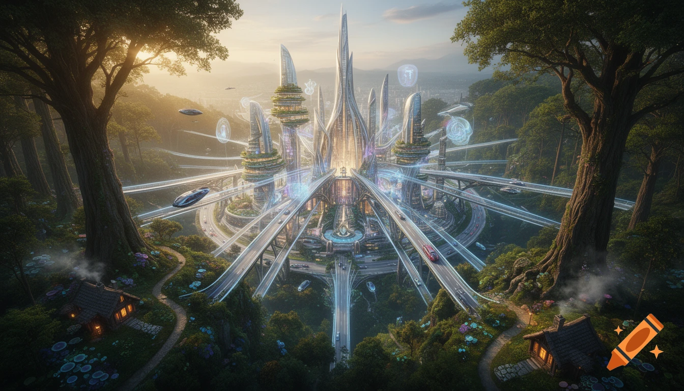A hyper-detailed, futuristic utopian city with gleaming skyscrapers and ...