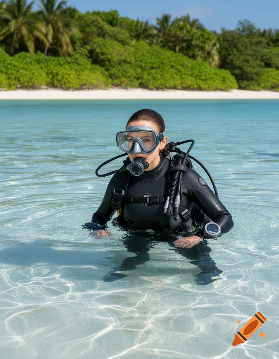 A woman in a black wetsuit and scuba gear stands in clear turquoise water at a tropical beach with palm trees in the background.