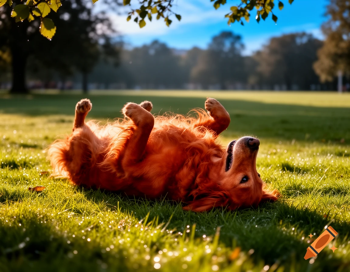 Red golden retriever dog rolling on its back in sunlit green grass with ...