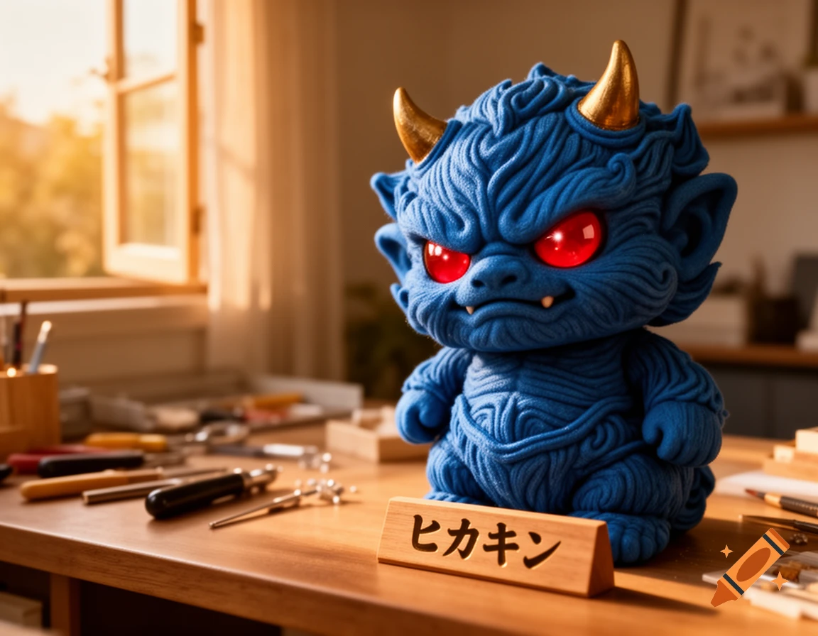 A cute blue demon figurine with golden horns and red eyes sits on a wooden desk with tools, illuminated by warm sunlight.