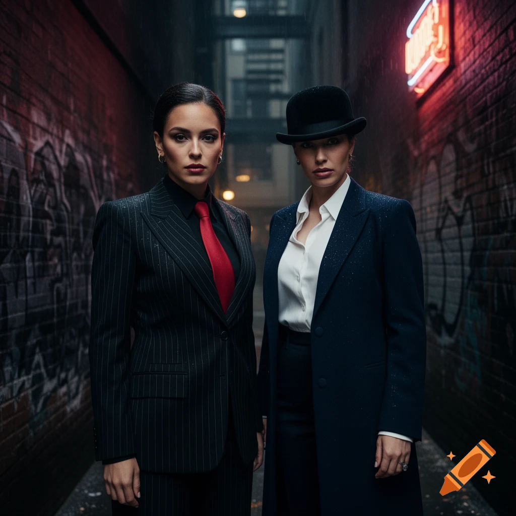 Two women in dark suits, one with a red tie and the other with a bowler hat, stand in a dimly lit, graffiti-covered alley with red neon light.