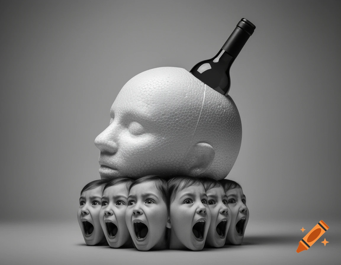 A styrofoam head with a wine bottle embedded, sitting on a base of repeated screaming children's faces in a monochromatic, conceptual photo.