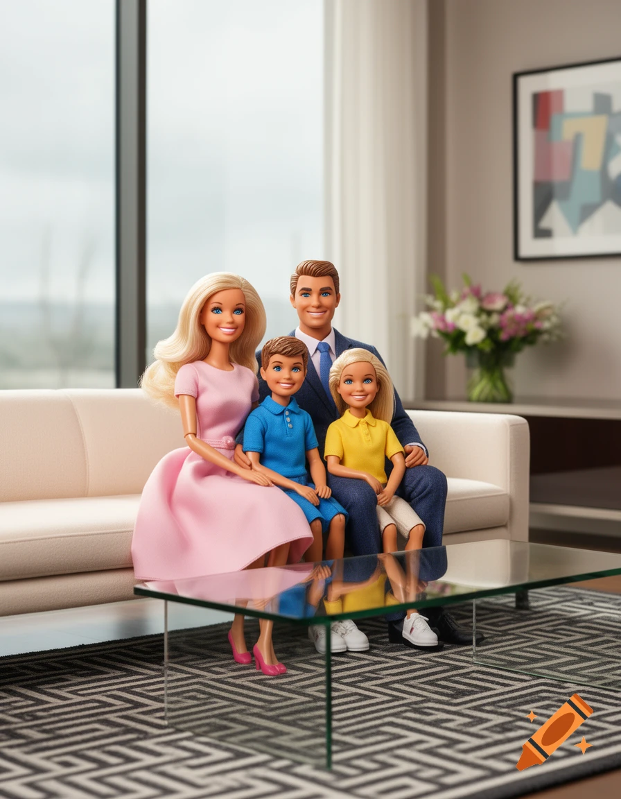 A photorealistic Barbie doll family, with parents and two children, sitting on a modern white sofa.