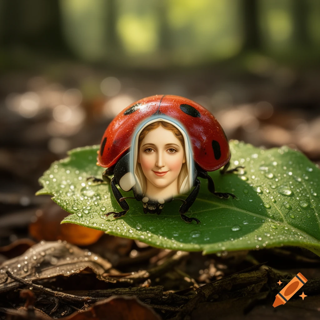 A photorealistic close-up of a ladybug with the serene face of Holy Mary as its head, resting on a dew-covered green leaf in a forest.