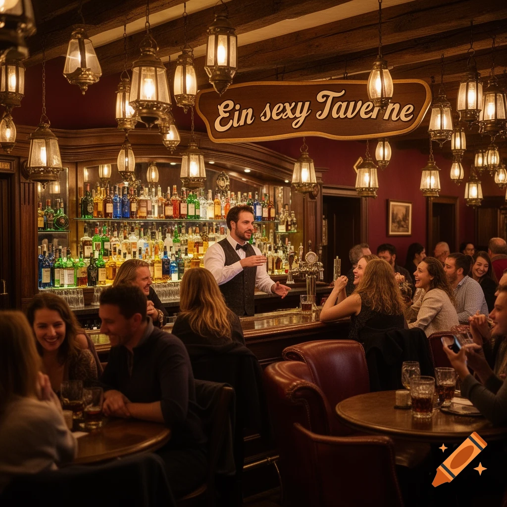 A lively bar scene inside a cozy tavern with many people socializing, drinking, and a bartender behind a counter.
