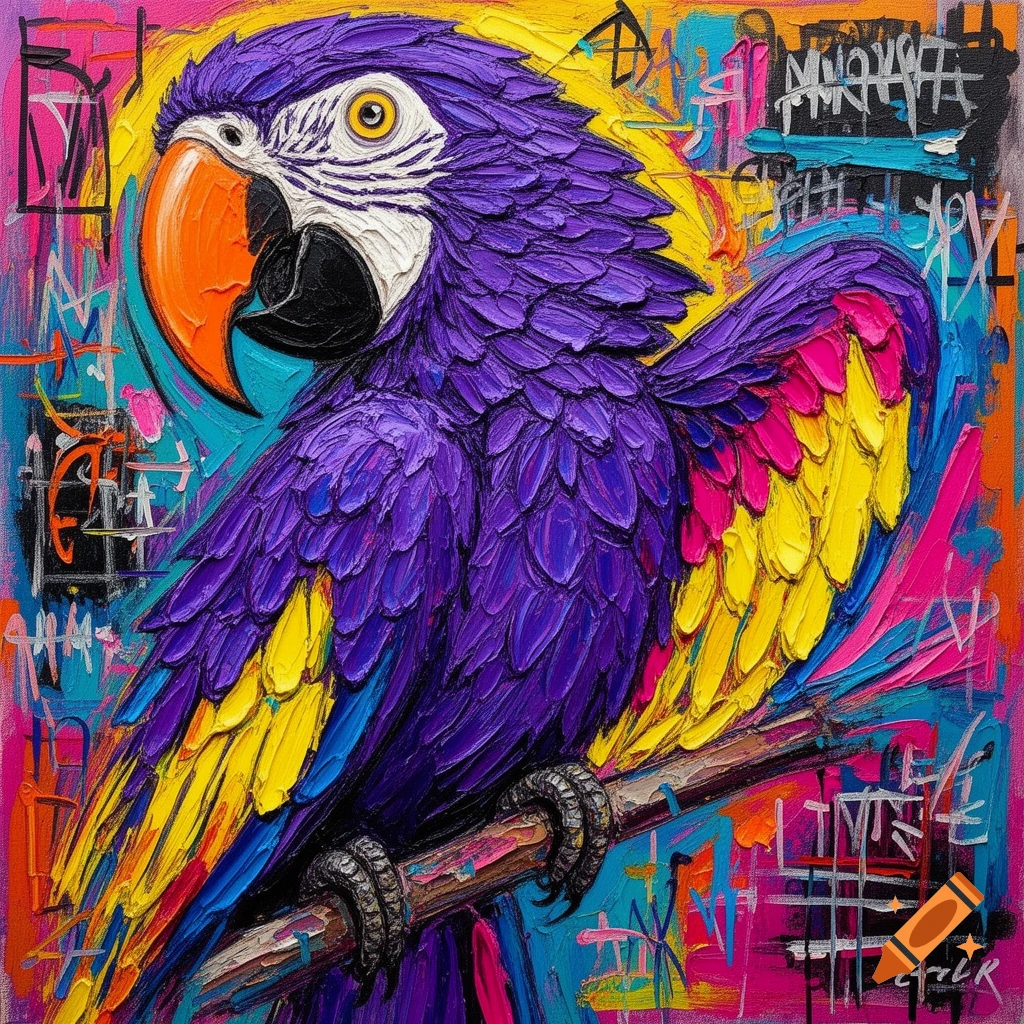A vibrant neo-expressionist painting of a purple parrot with an orange beak, yellow and magenta wings, thick impasto texture, against a colorful abstract graffiti background.