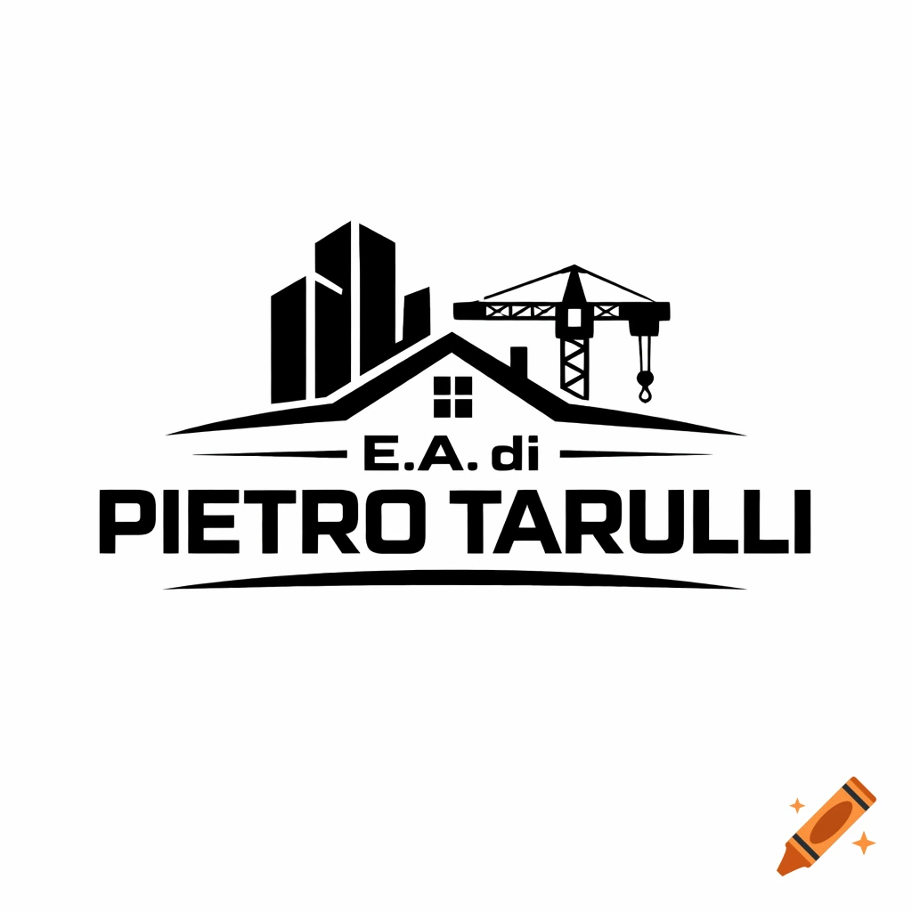 Black and white logo for a construction company, featuring buildings, a house roof, a crane, and the name 'E.A. di Pietro Tarulli'.