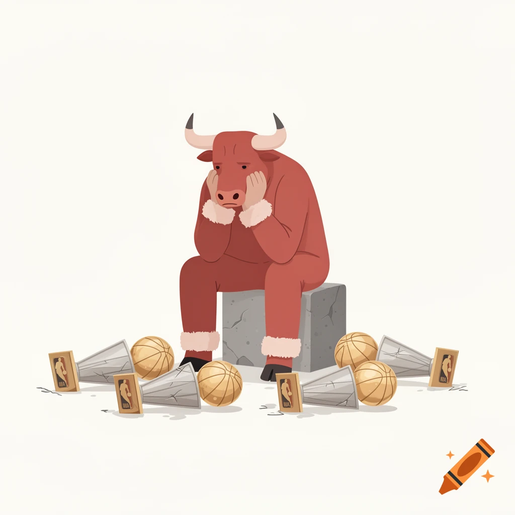 A sad cartoon red bull mascot sits on a stone block, head in hands, surrounded by scattered basketballs and broken trophies in a minimalist flat illustration.