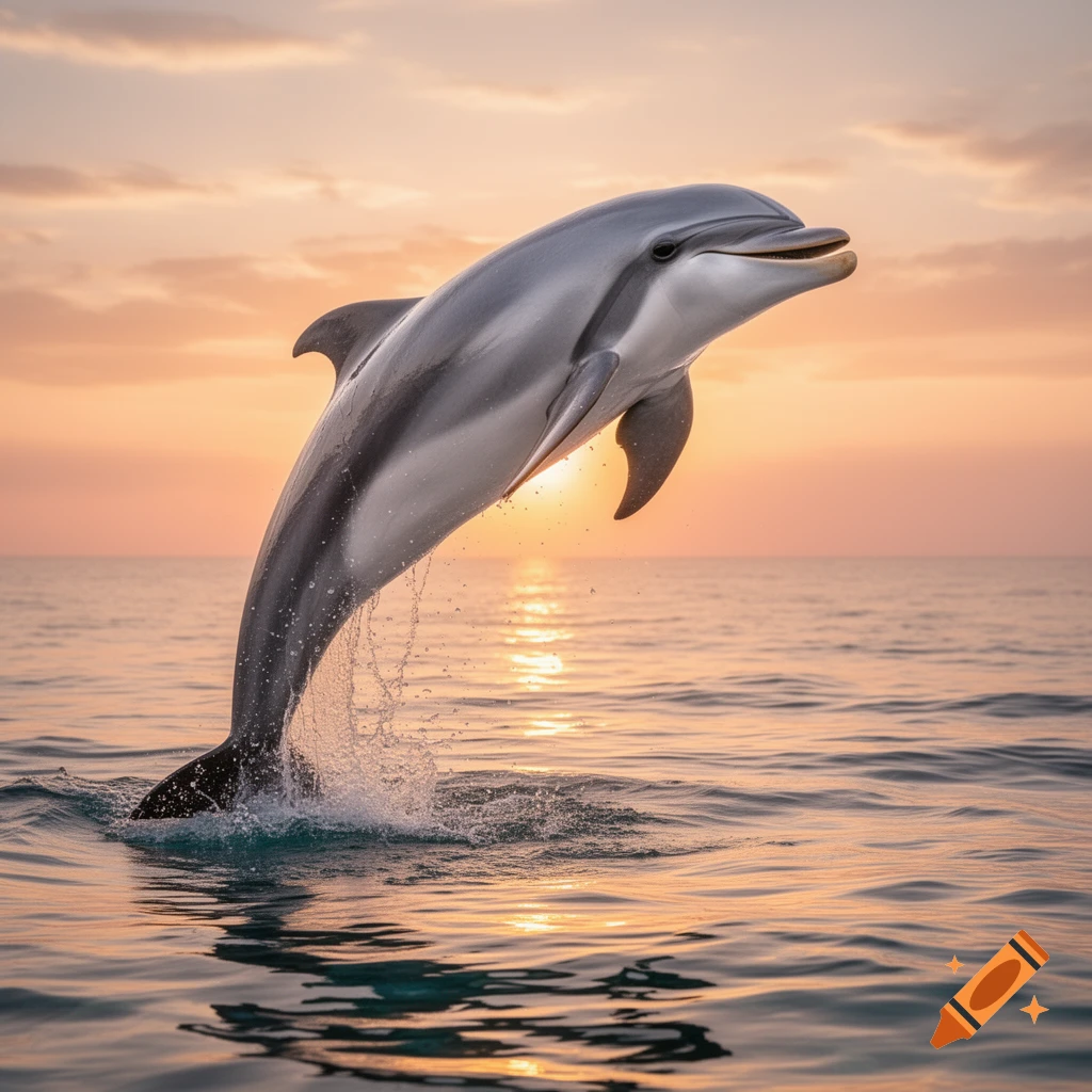 A photorealistic image of a dolphin leaping out of calm ocean water at sunset, silhouetted against an orange and pink sky.