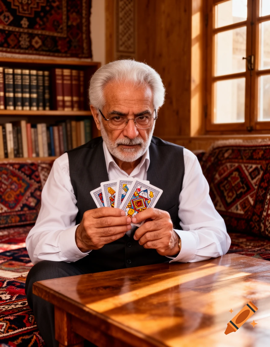 A photorealistic portrait of an older man with a white beard and glasses, holding playing cards in a room with traditional rugs and bookshelves.