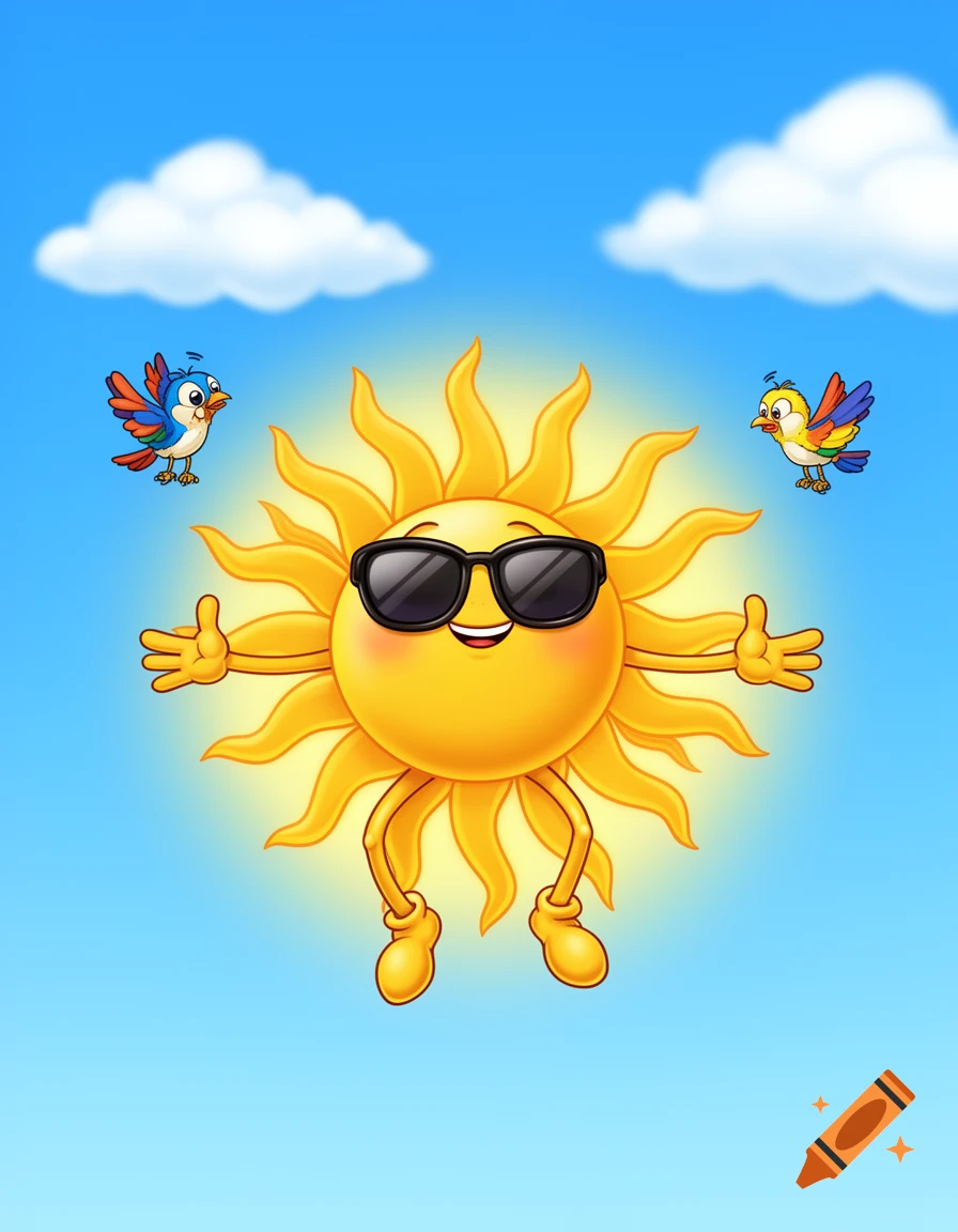 A cheerful cartoon sun wearing sunglasses, with arms and legs, smiles in a blue sky with two small birds and white clouds.