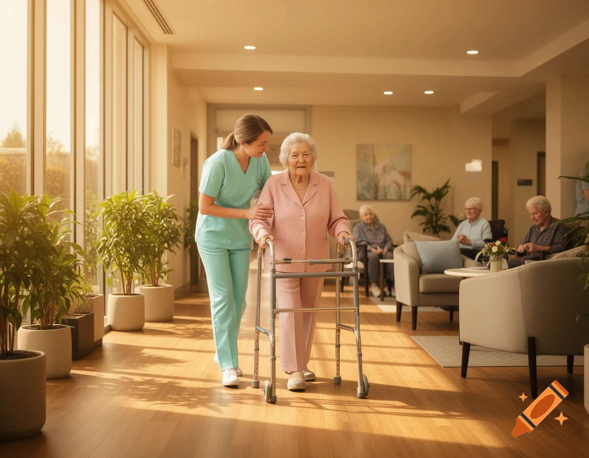 Caregiver helps an elderly woman with a walker in a sunlit aged care facility lounge, with other seniors relaxing nearby.