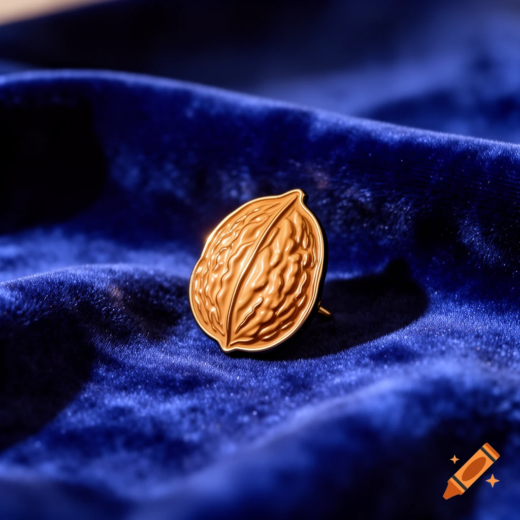 A golden walnut-shaped enamel pin with intricate details rests on a rich, royal blue velvet fabric.