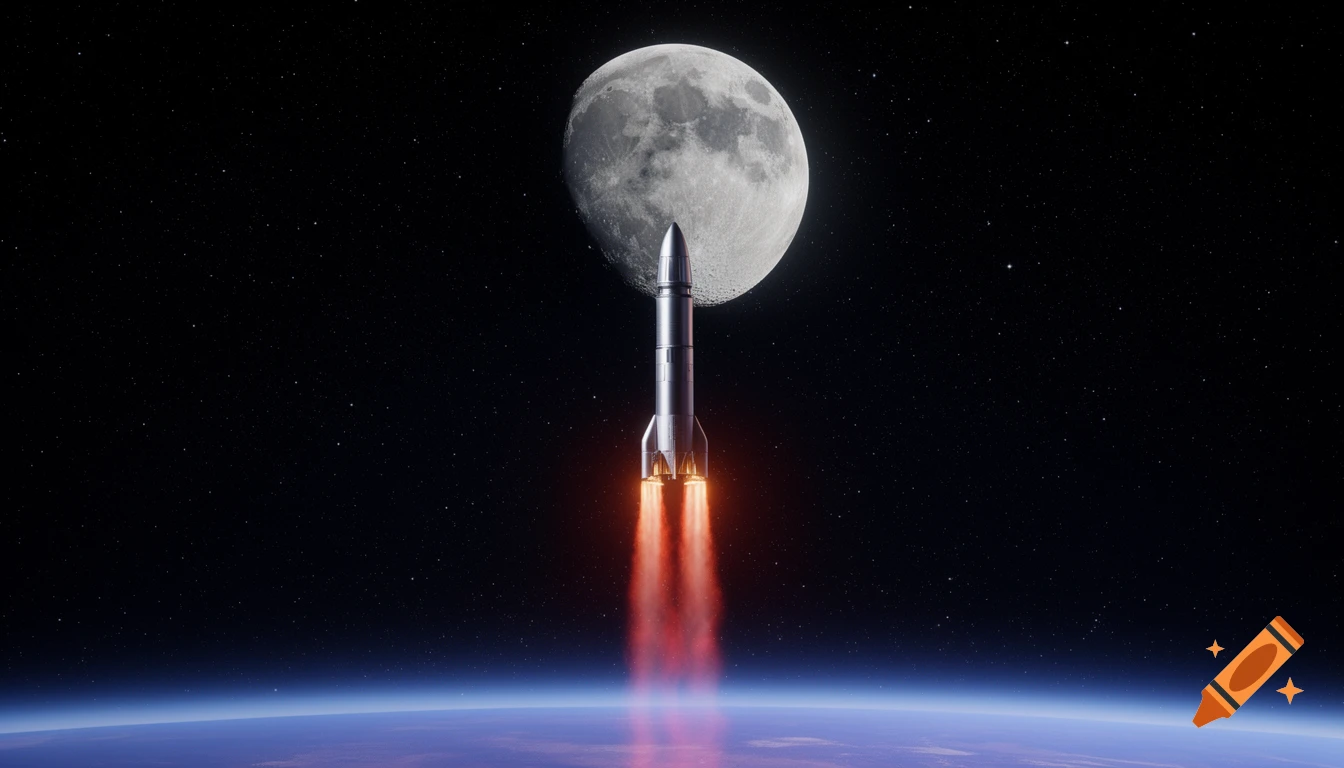 A space rocket launches from Earth's orbit with fiery exhaust, ascending towards a large moon and stars in the dark sky.