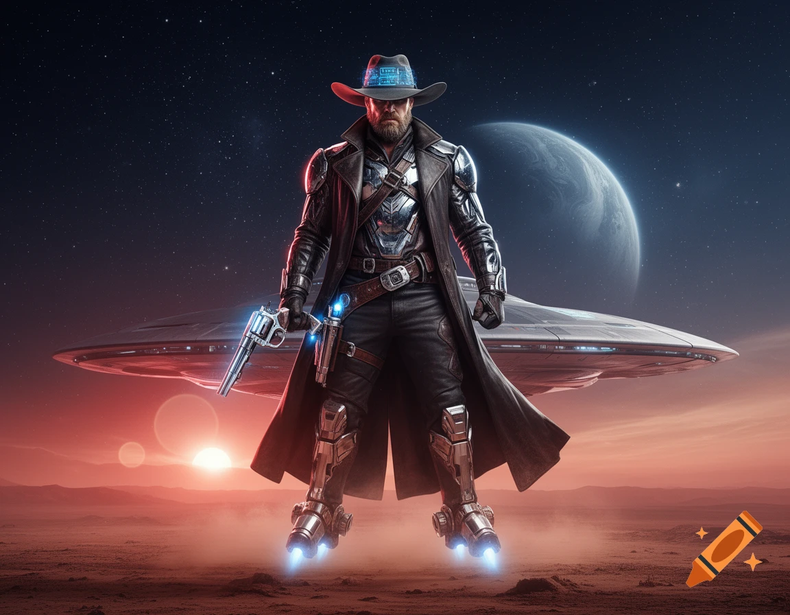 A bearded space cowboy in a long coat and armor stands on a red alien planet, holding a futuristic revolver, with a UFO and a planet in the night sky.