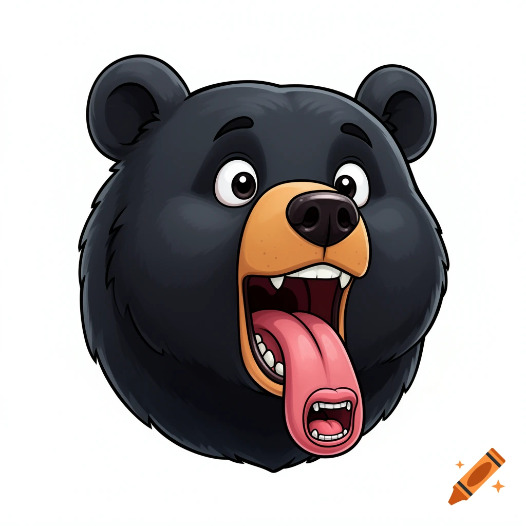 Cartoon black bear head with wide open mouth, long pink tongue flopping out, and a small mouth at the tip of the tongue.