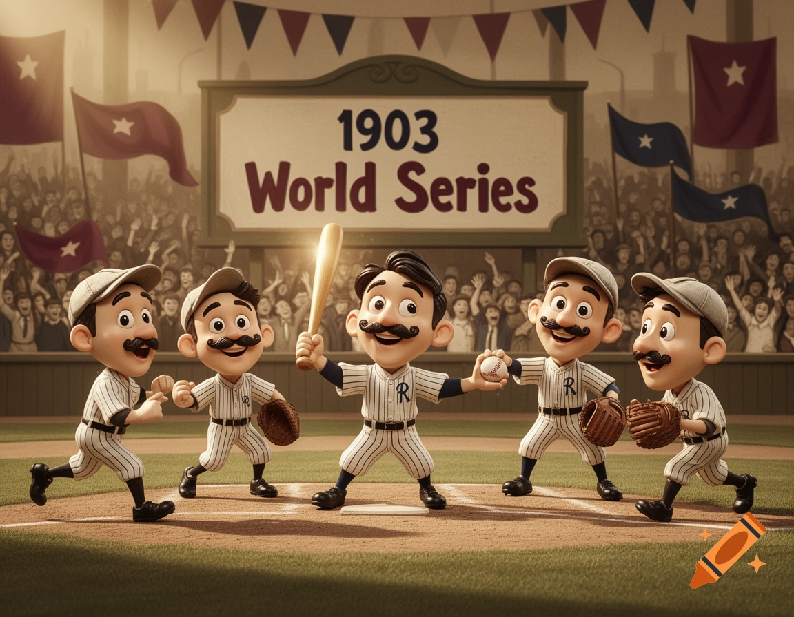 Five cartoon baseball players with mustaches stand on a field in front of a stadium sign reading '1903 World Series' and a cheering crowd.