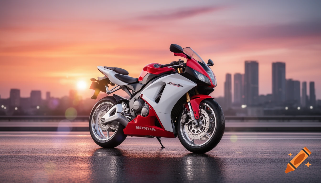 Red and white Honda Fireblade motorcycle on a wet street with a city skyline at sunset in the background.