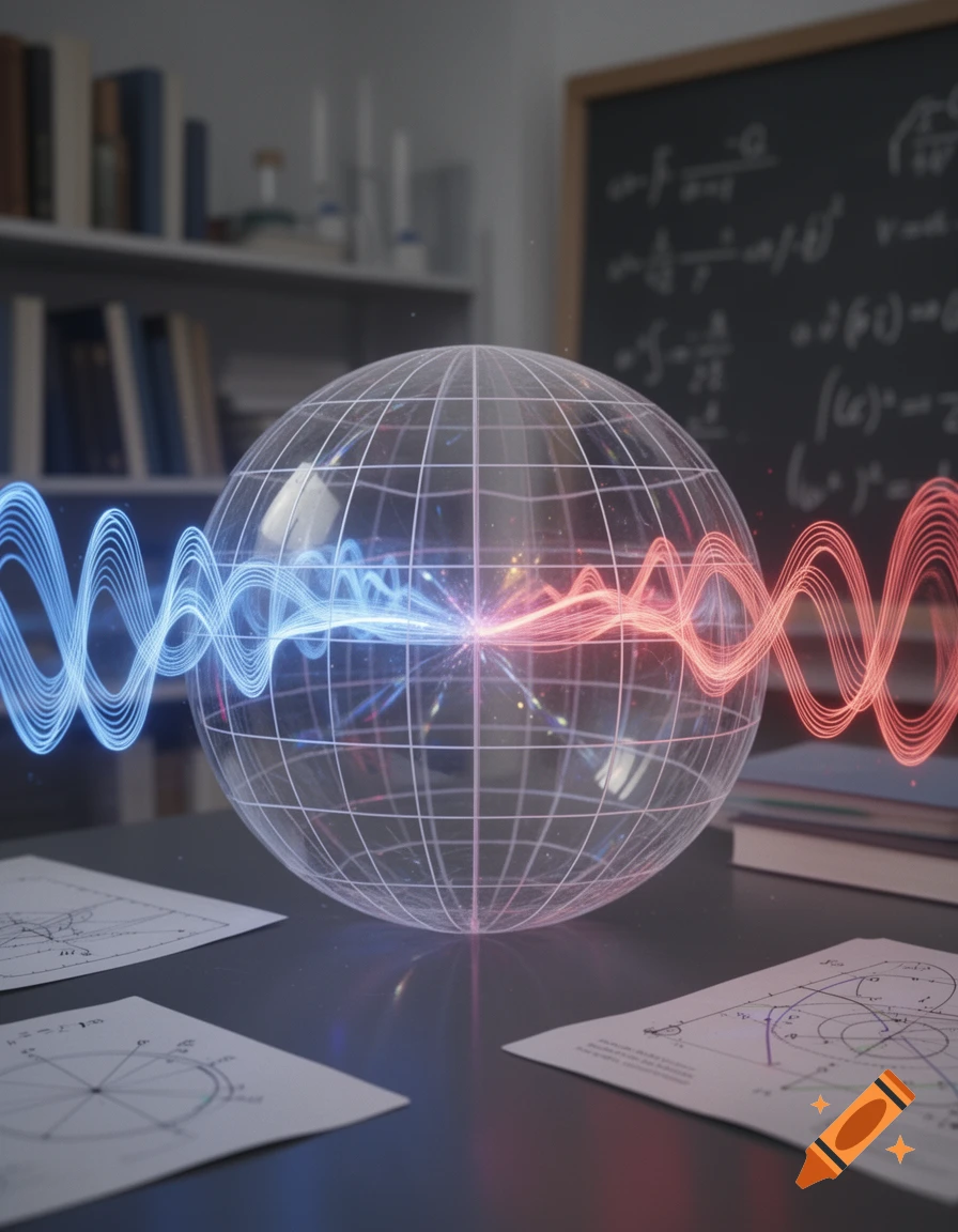 Glowing wireframe globe with blue and red waves, scientific papers, and a blackboard in a classroom setting.
