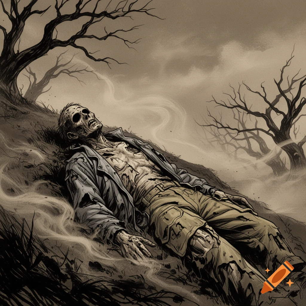 A decayed, zombie-like corpse with empty eye sockets lies on a hill in a desolate, misty landscape with barren trees, rendered in a comic book illustration style.
