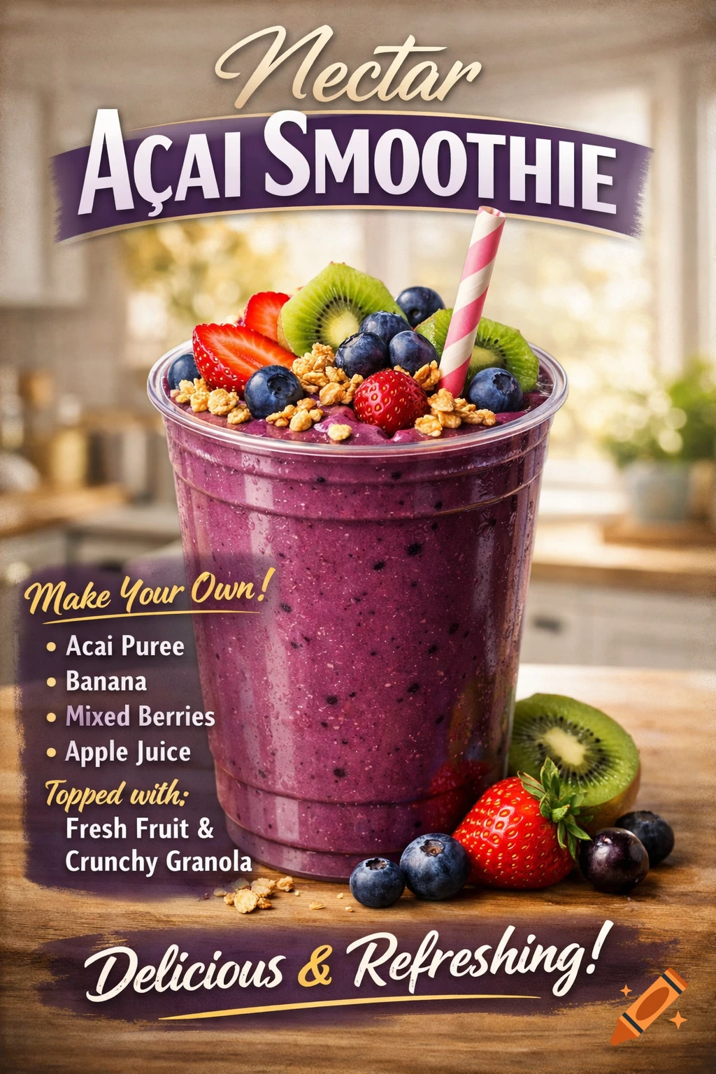 A vibrant purple açai smoothie in a clear cup, topped with strawberries, blueberries, kiwi, and granola. Decorative text announces "Nectar Açai Smoothie" and lists ingredients. The smoothie has a pink-striped straw and is set on a wooden surface with a kitchen in the blurred background. Photorealistic style.