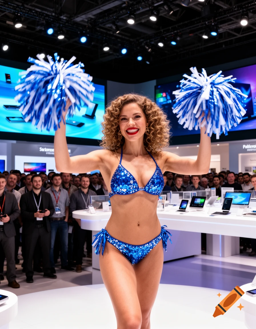 Photorealistic image of a woman in a blue sequined bikini and holding blue and white pom-poms at a consumer electronics trade show.